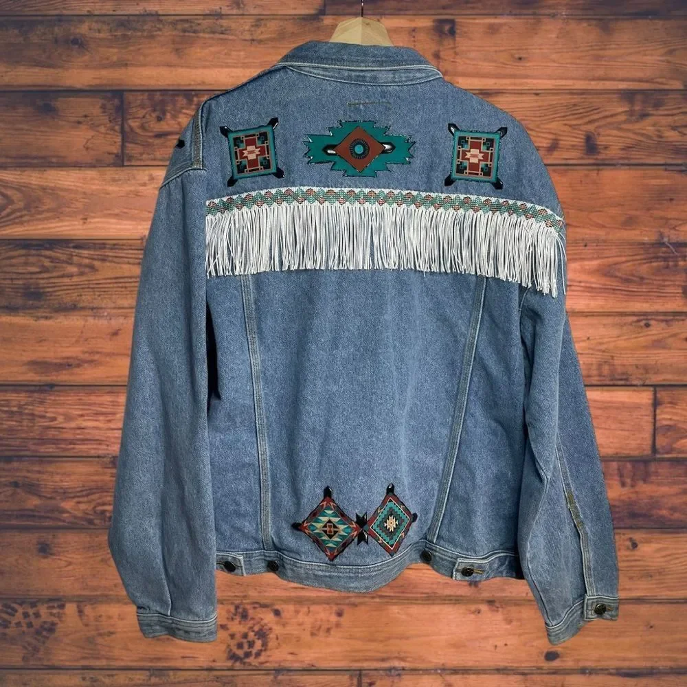 Vintage Sunbelt Aztec Denim Western Fringe Button‎ Front Jacket Medium